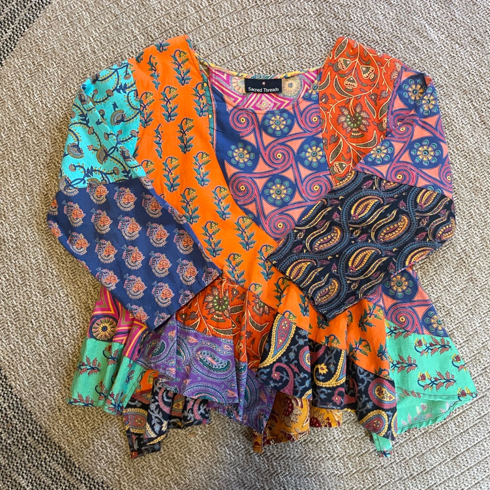 Boho Multi-Coloured Patchwork Peplum Top With 3/4… - image 5